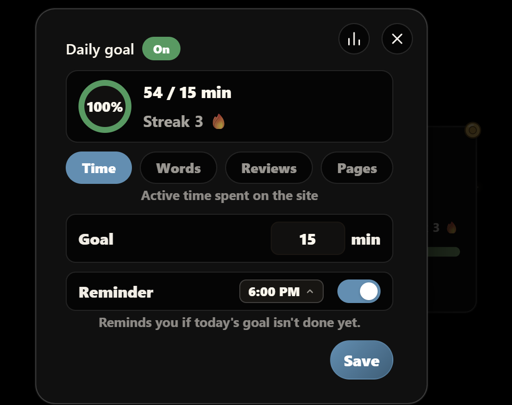 LingoUnify daily goal controls for time, words, reviews and pages