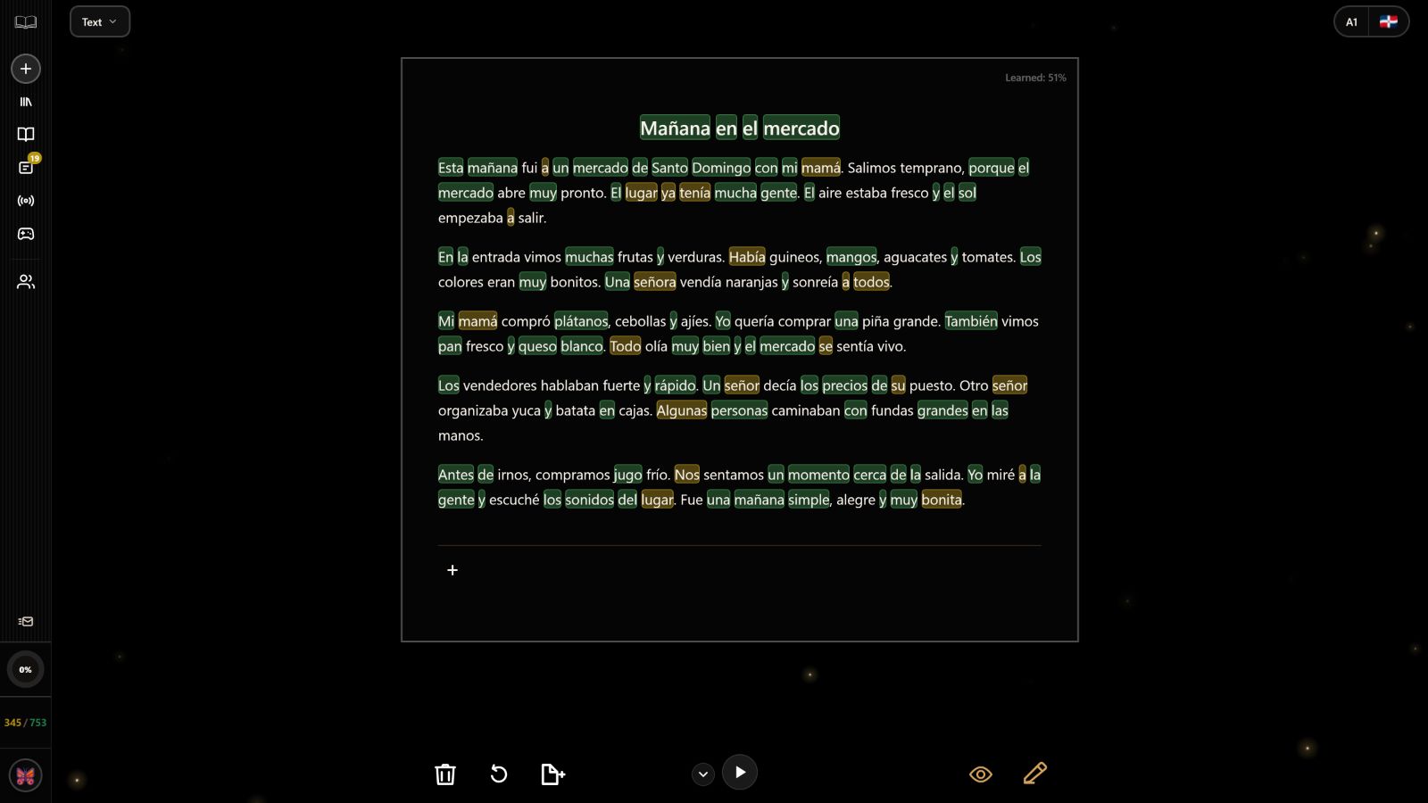 LingoUnify reading view with a text in Dominican Spanish